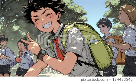 An elementary school boy running around energetically 124453543