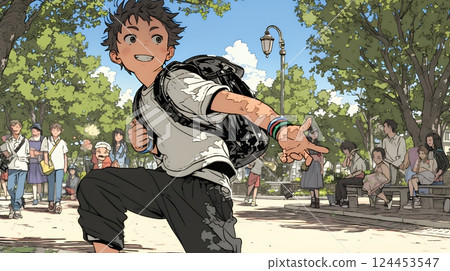 An elementary school boy running around energetically 124453547