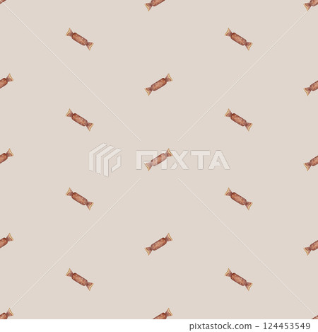 Pattern with watercolor illustrations retro candy, sweets in bright red wrapper on colored beige background. Seamless print in vintage style for design, fabric, clothes, textiles, packaging, Christmas 124453549