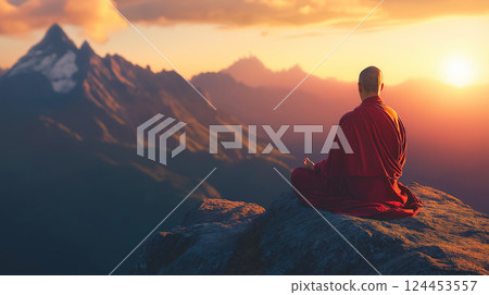 Buddhist monk meditating on a mountain peak, finding inner peace amidst a breathtaking sunset over the himalayas Buddhist monk meditating on a mountain peak, finding inner peace amidst a breathtaking sunset over the himalayas 124453557