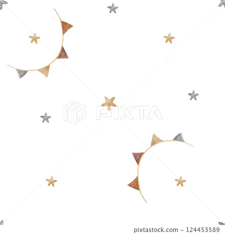 Watercolor pattern of stars, garland of flags. Seamless print simple dynamic in retro style. Children's illustration on an isolated background for design, fabric, clothes, textiles, packaging, cards 124453589