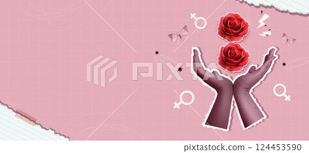 Hands Raising Roses in a Beautiful Collage Celebrating Women. Vector Illustration Hands Raising Roses in a Beautiful Collage Celebrating Women. Vector Illustration 124453590