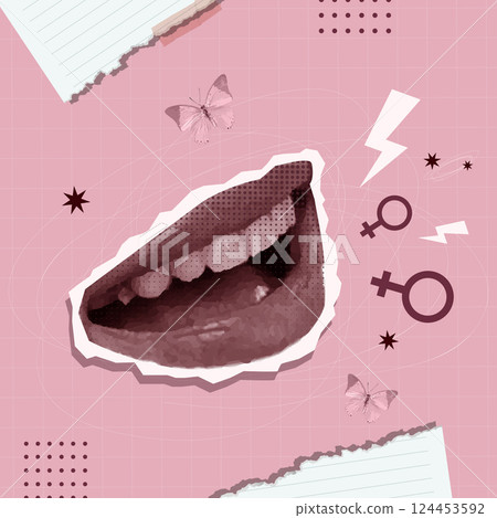 Smiling Female Mouth in a Bold Collage for Women Empowerment. Vector Illustration 124453592
