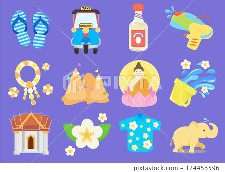 Colorful collection of Songkran festival elements in vector illustration 124453596