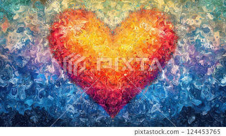 Rainbow heart symbol. Vibrant abstract painting of heart with warm colors blending into cool tones, evoking love and passion 124453765