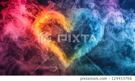 Rainbow heart symbol. Vibrant heart shape formed by colorful smoke swirls, blending red, orange, blue, and purple hues 124453768