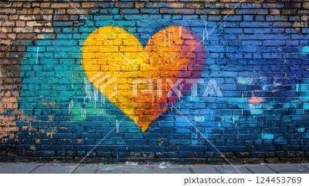 Rainbow heart symbol. Vibrant heart shaped graffiti painted brick wall, blending warm and cool colors 124453769