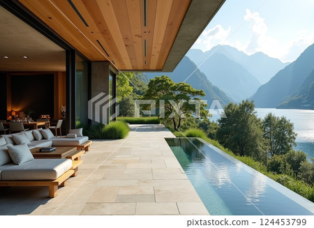 自由奔放的風格：豪華的科莫湖露台、山景、米色涼鞋和玻璃牆——高端戶外設計和生活的完美選擇。 124453799