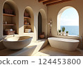 Luxurious Mediterranean bathroom, carved stone aquarium, Japanese independent sea view bath with square-shaped concave tank, ideal choice for high school life. 124453800