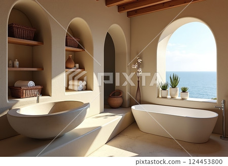 配有雕花石盆、拱形盆和獨立式海景浴缸的豪華地中海浴室是奢華生活的理想選擇。 124453800
