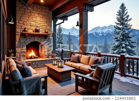 Tamura Mountain Hut Deck: A stone-walled hearth, wool covered with magnificent white snow-covered mountain scenery--a perfect outdoor life with a Japanese scenery and a sense of elegance. 124453801