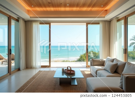 Static seaside life: A luxurious living room with a glass wall on the ground, a soft white floor and a private outdoor stand with a sunbathing armchair, allowing you to enjoy the peace of mind and body. 124453805