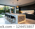 Modern luxury home kitchen: ultra-smart design, integrated lighting with white marble island, black leather double deck, Japanese light, black sills, high quality food 124453807
