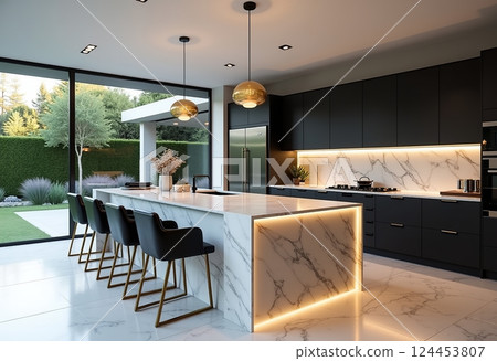 現代豪華廚房:精緻的設計,配有整合照明、白色大理石島、黑色皮革櫃檯和黑色燈具,帶來高品質美食 現代豪華廚房:精緻的設計,配有整合照明、白色大理石島、黑色皮革櫃檯和黑色燈具,帶來高品質美食 124453807