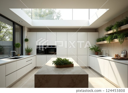 Simple and elegant: modern kitchen, equipped with light-colored sills, natural stone waterfall style island power appliances - emergency room design and luxury design 124453808