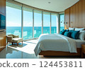 Dream sleeping room: The base board is decorated with arc-shaped glass panels that offer stunning views, combined with white marble base and Japanese ocean style decoration - perfect beauty 124453811