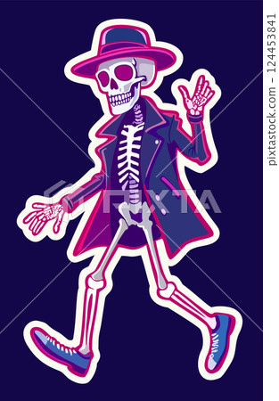 Funny walking skeleton in fedora hat, jacket and sneakers. Vector sticker isolated on dark background Funny walking skeleton in fedora hat, jacket and sneakers. Vector sticker isolated on dark background 124453841