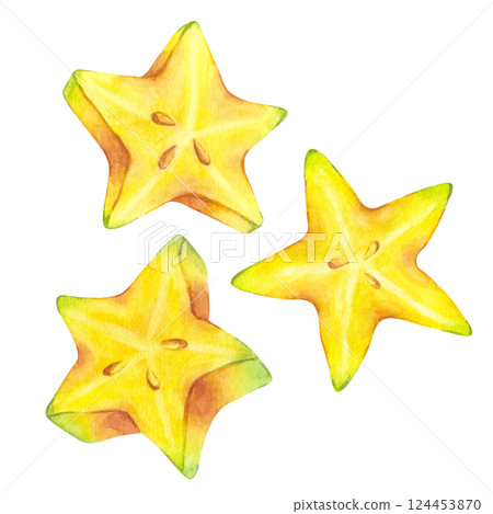Slice yellow tropical Starfruit watercolor. Averrhoa carambola or Bilimbi. Botanical exotic star apple. Hand drawn illustration isolated on white background. For menu, recipes, logo, package design Slice yellow tropical Starfruit watercolor. Averrhoa carambola or Bilimbi. Botanical exotic star apple. Hand drawn illustration isolated on white background. For menu, recipes, logo, package design 124453870