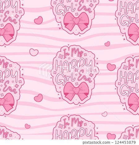 Vintage Coquette Pink Seamless Pattern. Motivational Quote Lettering with Ribbon Bow on Groovy Distorted Stripe Background. Romantic Girly Vibe. Trendy aesthetic backdrop template. Vector illustration 124453879