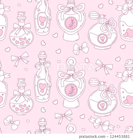 Outline Vintage Seamless Pattern. Coquette Magic Bottle with cork and Perfume with Ribbon Bow on Pink Background. Romantic Girly Vibe. Trendy aesthetic template. Vector illustration. Line drawing Outline Vintage Seamless Pattern. Coquette Magic Bottle with cork and Perfume with Ribbon Bow on Pink Background. Romantic Girly Vibe. Trendy aesthetic template. Vector illustration. Line drawing 124453881