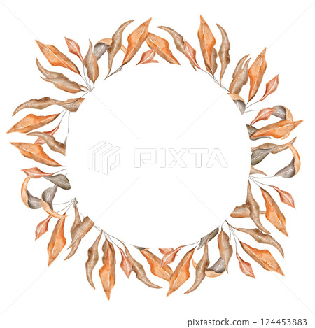 Autumn circle round frame with dry watercolor leaves, branches. Fall background. Watercolor hand drawn illustrattion. Digital aquarelle label. Isoalted on white background Autumn circle round frame with dry watercolor leaves, branches. Fall background. Watercolor hand drawn illustrattion. Digital aquarelle label. Isoalted on white background 124453883
