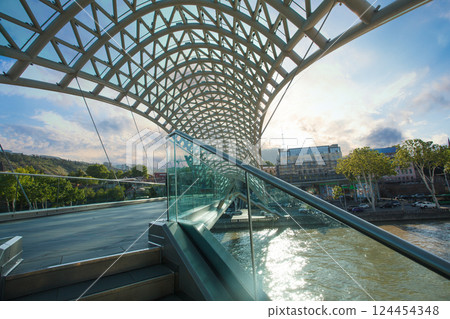 Futuristic construction, landmark bridge of peace in Tbilisi with no people Futuristic construction, landmark bridge of peace in Tbilisi with no people 124454348