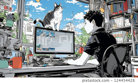 Remote work from home: Struggling with my pet cat 124454428