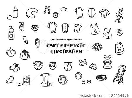 可愛手繪嬰兒產品插圖集 124454476