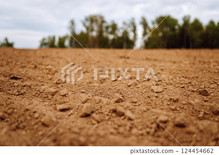 Close-up of black soil. Agriculture, soil before sowing. Fertile land texture, rural field landscape Close-up of black soil. Agriculture, soil before sowing. Fertile land texture, rural field landscape 124454662