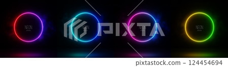 Set Neon Red Blue Purple Pink Yellow and Green gradient circle with smoke on dark background. 3D render abstract light vector illustration. 124454694