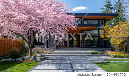 現代新居模型和盛開的櫻花 現代新居模型和盛開的櫻花 124454712