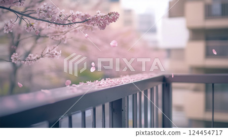 櫻花飄落在日本小公寓的陽台上 櫻花飄落在日本小公寓的陽台上 124454717