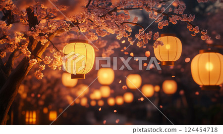Cherry blossom petals fluttering in the light of paper lanterns Cherry blossom petals fluttering in the light of paper lanterns 124454718