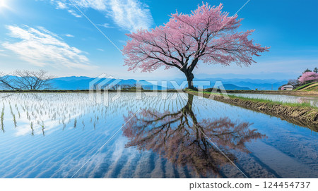 倒映在稻田裡的櫻花 124454737