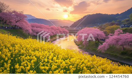 春季旅遊景點：櫻花和油菜花 124454760