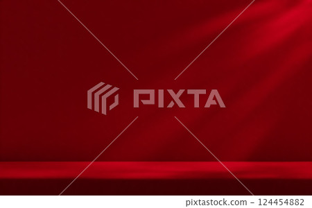Red studio room wall, illuminated by sunlight through foliage with tabletop. Product presentation template. Red studio room wall, illuminated by sunlight through foliage with tabletop. Product presentation template. 124454882