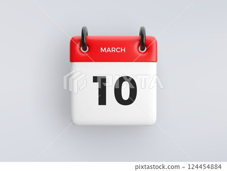 3D calendar icon with date 10 March on grey background. Vector schedule symbol. 3D calendar icon with date 10 March on grey background. Vector schedule symbol. 124454884