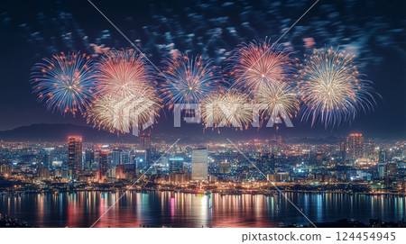 Fireworks and beautiful night view. Summer festival fireworks display. Fireworks to celebrate countdown and Independence Day 124454945