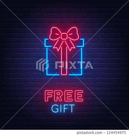 Neon gift box sign on brick wall background. Free gift glow symbol. Neon gift box sign on brick wall background. Free gift glow symbol. 124454975