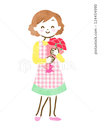 Full-body illustration of a smiling mother holding a bouquet of carnations Full-body illustration of a smiling mother holding a bouquet of carnations 124454990