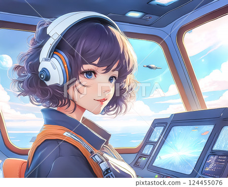 一名女飛行員駕駛飛機的形象 124455076