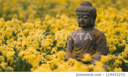 Stone Buddha surrounded by rape blossoms 124455233
