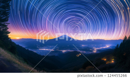Star trails on a quiet mountain night 124455266