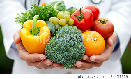 Doctor with fresh vegetables and fruits symbolizing health and nutrition 124455269