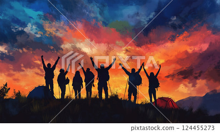 日落時分,登山者在山上歡呼雀躍 日落時分,登山者在山上歡呼雀躍 124455273