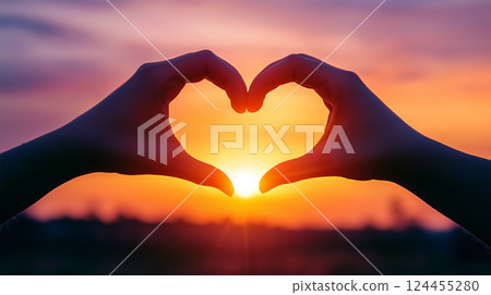 Finger heart and sunset 124455280