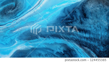 Mix color. Flowing paint. Defocused black white blue substance in water droplet marble acrylic wave floating on abstract background. Mix color. Flowing paint. Defocused black white blue substance in water droplet marble acrylic wave floating on abstract background. 124455385