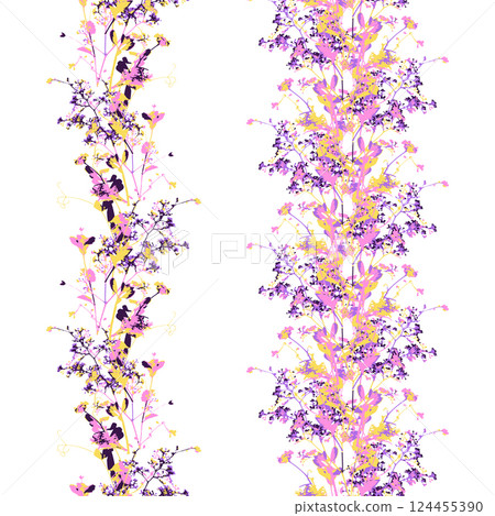 Seamless border with dry herbs and leaves in bold bright purple colors. Wild field and forest plants frame Seamless border with dry herbs and leaves in bold bright purple colors. Wild field and forest plants frame 124455390