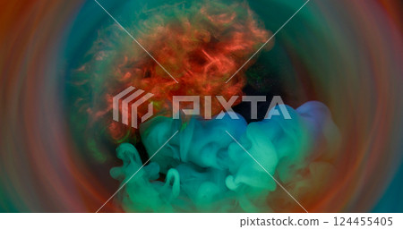 Mix smoke. Colorful watercolor. Blue turquoise copper puff stream blend in art splash. Abstract glitter paint fluid blur water background round swirl. Mix smoke. Colorful watercolor. Blue turquoise copper puff stream blend in art splash. Abstract glitter paint fluid blur water background round swirl. 124455405