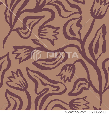 Brush strokes inky flowers brown seamless pattern 124455413